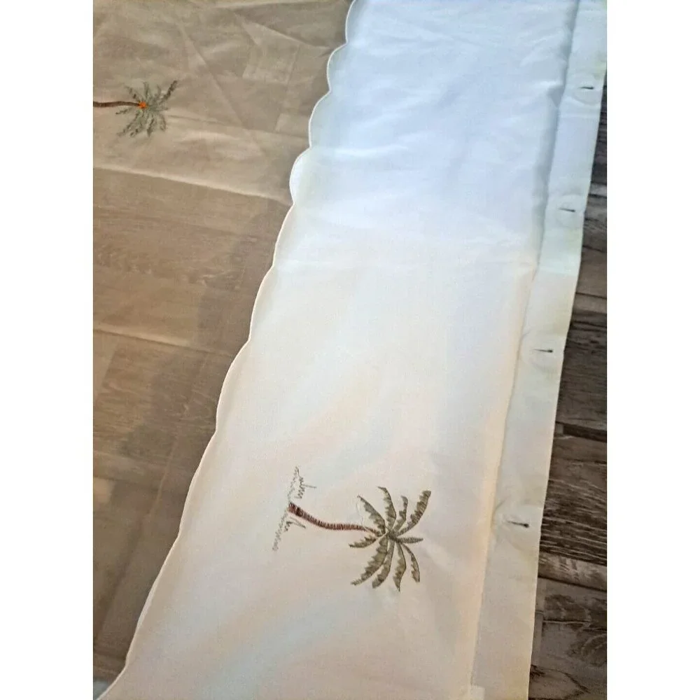 Palm Tree Fabric Shower Curtain White Tropical Embroidered Beaded Coconut Beach
